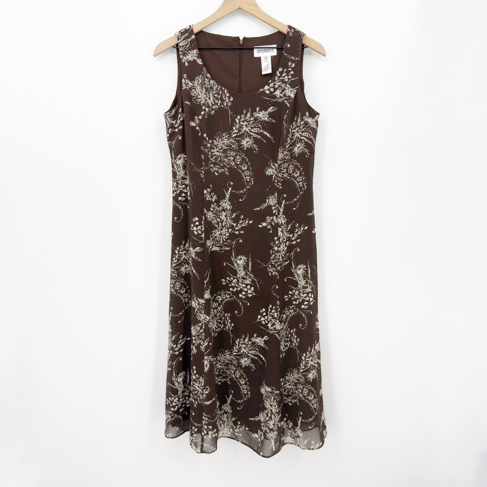 Studio I Midi Dress Floral Paisley Sleeveless Brown 8 Cottagecore Earthy 90s